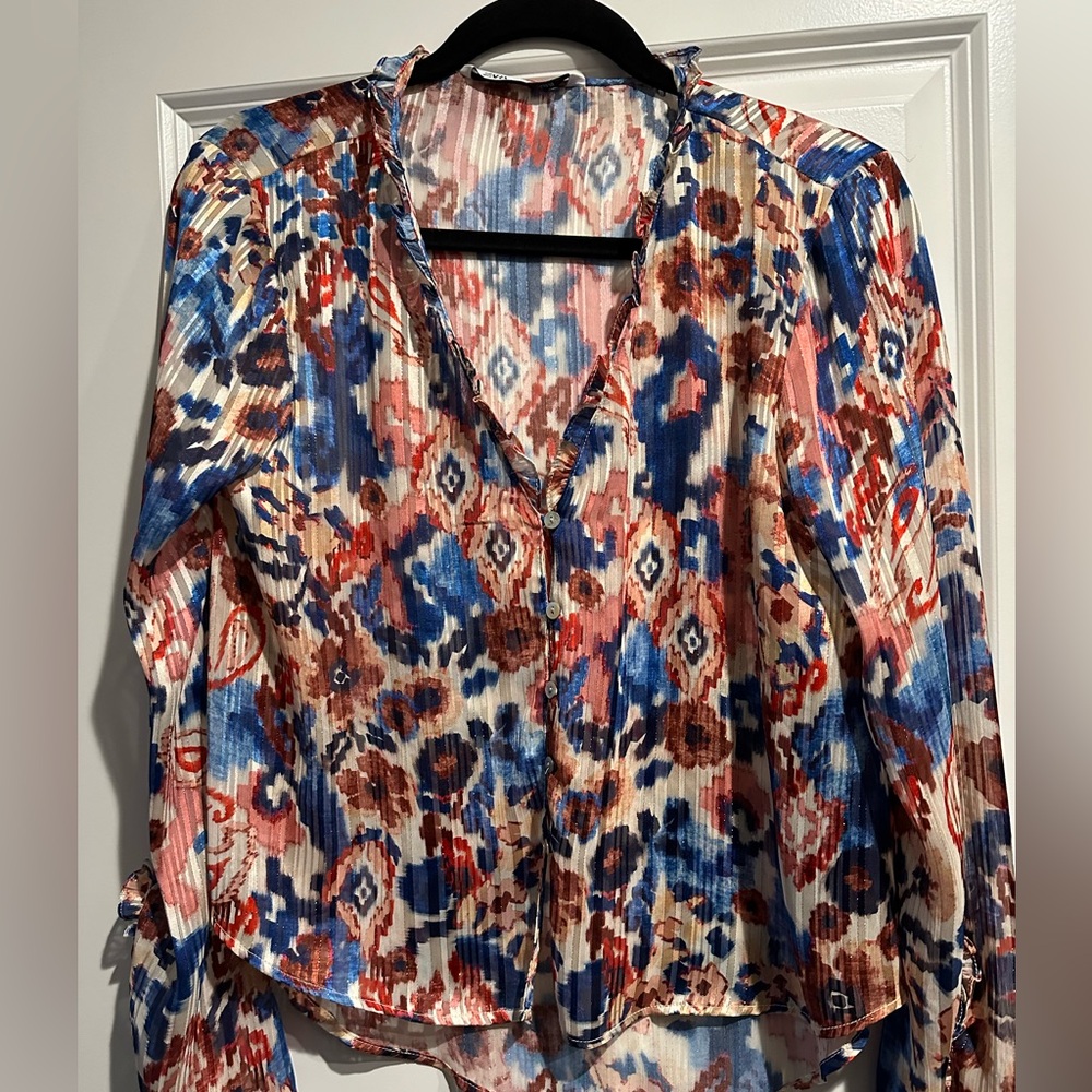 Zara Watercolor Ruffle Button Down